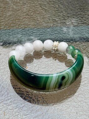 Green Agate Half Bangle White Phantom Quartz Unisex Bracelet